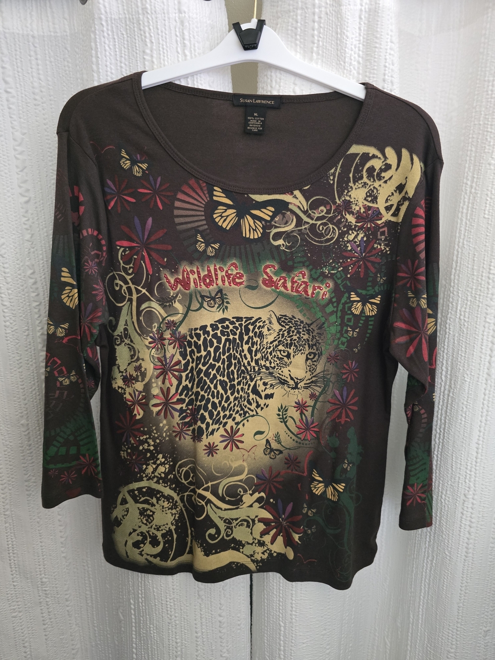 Susan Lawrence Brown Long Sleeve Top with Multicolor Wildlife Print